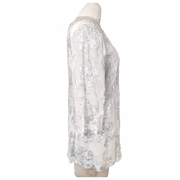 TORY BURCH White Cotton Tunic Metallic Silver Floral Embroidery Top Size L Clean - Picture 5 of 9